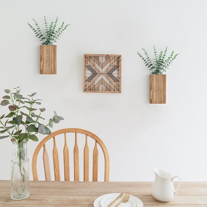 Dahey 2 Pack Wood Wall Planter Vase with Artificial Eucalyptus Farmhouse Wall Hanging Decor Pocket Planter for Indoor Fake Plants Greenery Flowers, livingroom Bedroom Kitchen Home Office Decoration