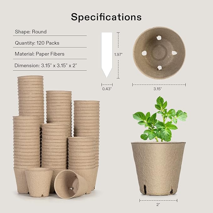 VIVOSUN Peat Pots, 240 Packs 3.15-Inch Seed Starting Pots with Drainage Holes, Round Nursery Pot, 20 Plant Labels for Flowers, Plants, Vegetables, 120Pcs