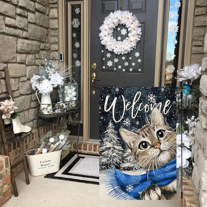 CROWNED BEAUTY Winter Cat Garden Flag 12x18 Inch Double Sided for Outside Small Welcome Burlap Holiday Yard Decoration CF1660-12