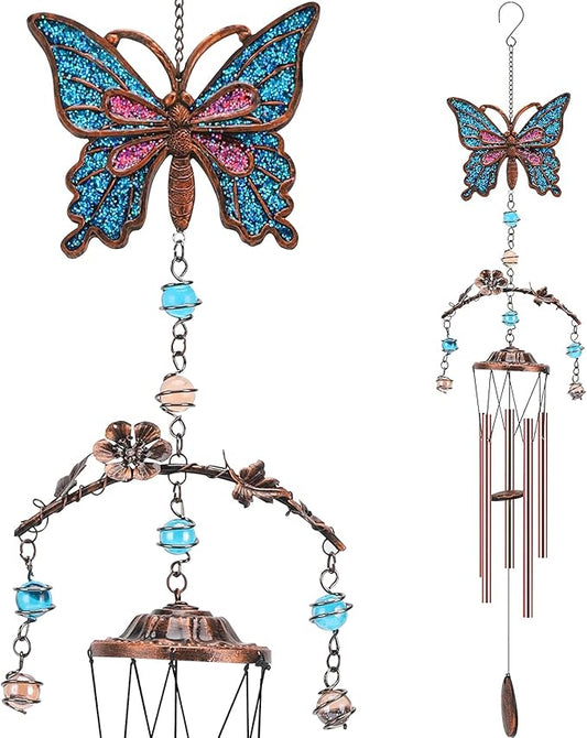Blue Butterfly Wind Chimes - Wind Chimes for Outside Deep Tone 34 inches 5 Aluminum Tubes, Birthday, Memorial, Butterfly Gifts for Mom, Grandma, Daughter, Decor for Home, Garden, Patio, Backyard
