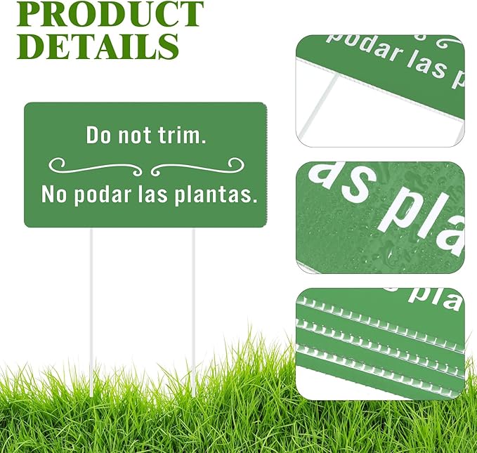 Soaoo 4 Pcs Corrugated Plastic Do Not Trim Yard Signs with Stakes 6.2 x 3.3 Inch 9.2 x 4.9 Inch Plant Signs Bilingual Garden Markers for Outdoor Lawn(Green,Classic)