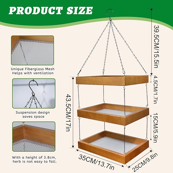 3-Tier Small Herb Drying Rack – Wooden Mesh Dryer (13.75" x 9.84") for Flowers, Pasta, Veggies–Space-Saving Design Perfect for Craft Rooms & Sunrooms – Unique Gift for Gardeners & Craft Lover