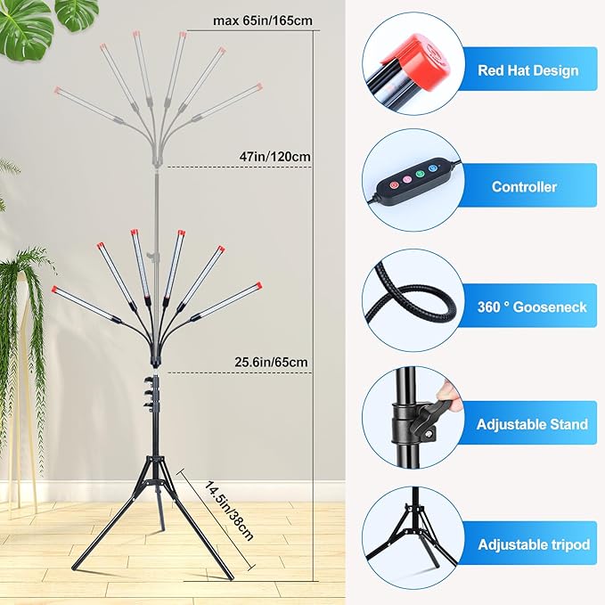 6Head Grow Light on Stand for Large and Tall Indoor Plants, Bonsai Tree, Bright and Big Coverage Plant Growing Lamps, 4/8/12/16/20H Timer, 54 Watt Power Draw, NO Need Adapter, 360° Gooseneck
