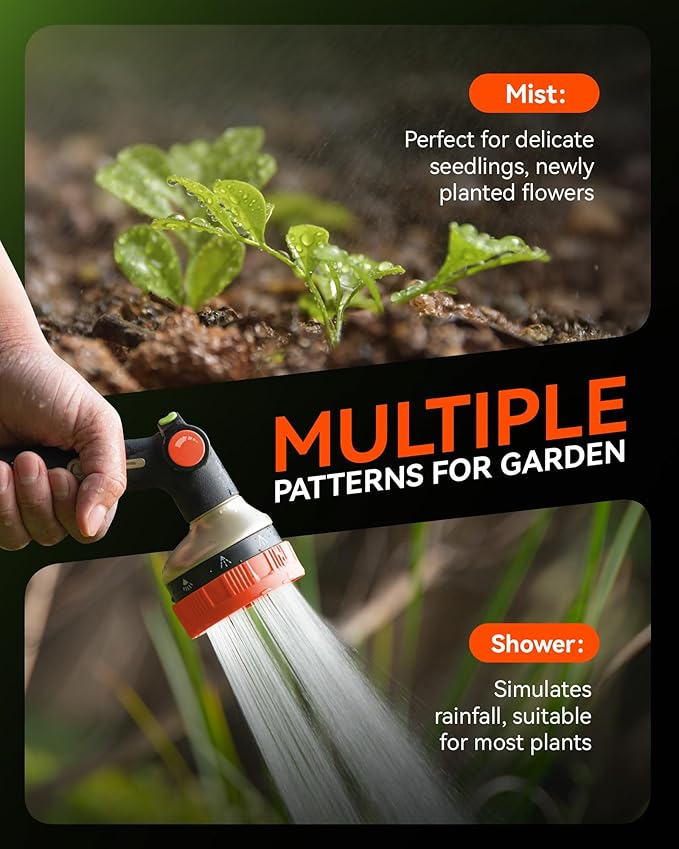 RAINPOINT Hose Sprayer Nozzle Heavy Duty - 8 Spray Patterns Garden Hose Nozzle with Adjustable Flow Control for Watering Plants, Washing Cars,Washing Pets, Thumb Control (Orange)