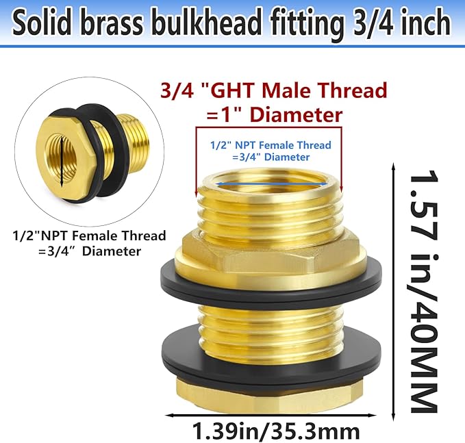 Brass Male Garden Hose Bulkhead Fitting With Plug, 1/2" Female NPT, 3/4" Male GHT (garden Hose Thread), Brass Tank Connector/drain/flush Port Kit For Rain Barrels, Aquariums, Sinks，2 Pack