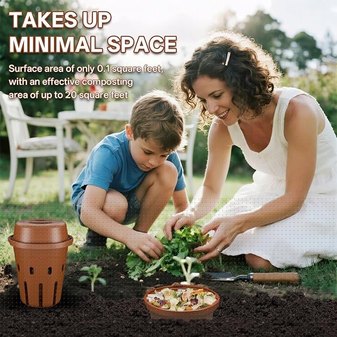 Underground Worm Composting Bin, Outdoor Mini Inground Worm Composter for Beginners, Garden Compost Bin for Garden Beds & Home Use, Worm Farm Kit for Parent, Kids (7x7x7.4Inch), Tan, 1-Pack
