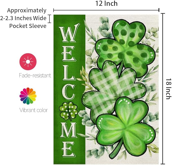 CROWNED BEAUTY St Patricks Day Shamrocks Garden Flag 12x18 Inch Double Sided for Outside Small Welcome Green Clovers Burlap Holiday Yard Flag