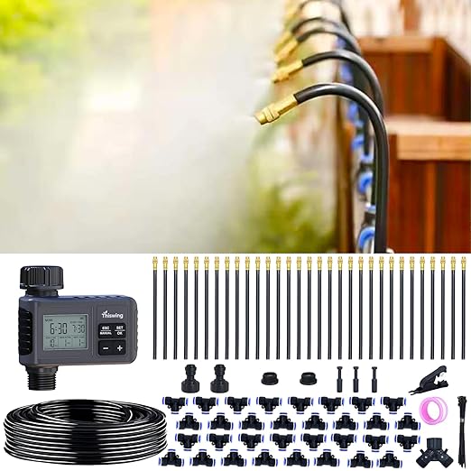 360° Adjustable Drip Irrigation System - 100FT Garden Watering Atomizing System with 32 Nozzles & Water Timer, Greenhouse Accessories for Yard, Lawn, Plants, Garden, 5/16 inches Hose