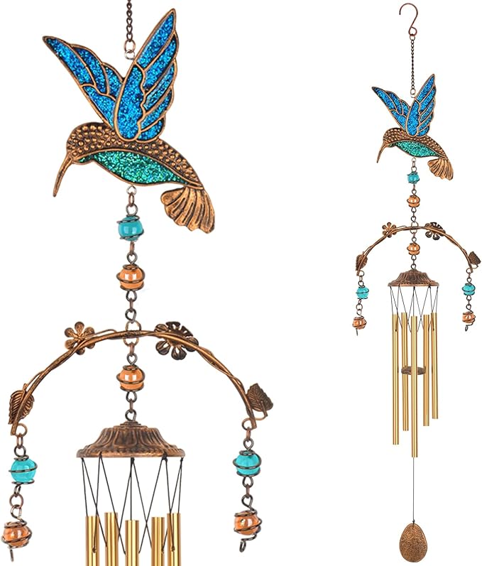 Wind Chimes - Blue Hummingbird Wind Chimes for Outside Deep Tone 34 inches 5 Aluminum Tubes, Birthday, Memorial, Hummingbird Gifts for Mom, Grandma, Decorations for Home, Garden, Patio, Backyard