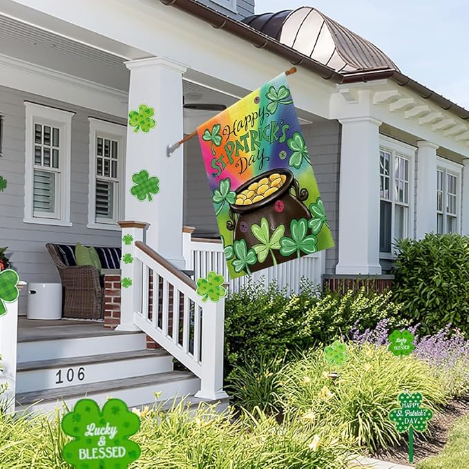 Happy St Patrick's Day House Flag 28x48 Inch Double Sided Burlap, Green Lucky Clovers Shamrock Gold Coin Sign for Farmhouse Yard Outdoor Decor DF430-28