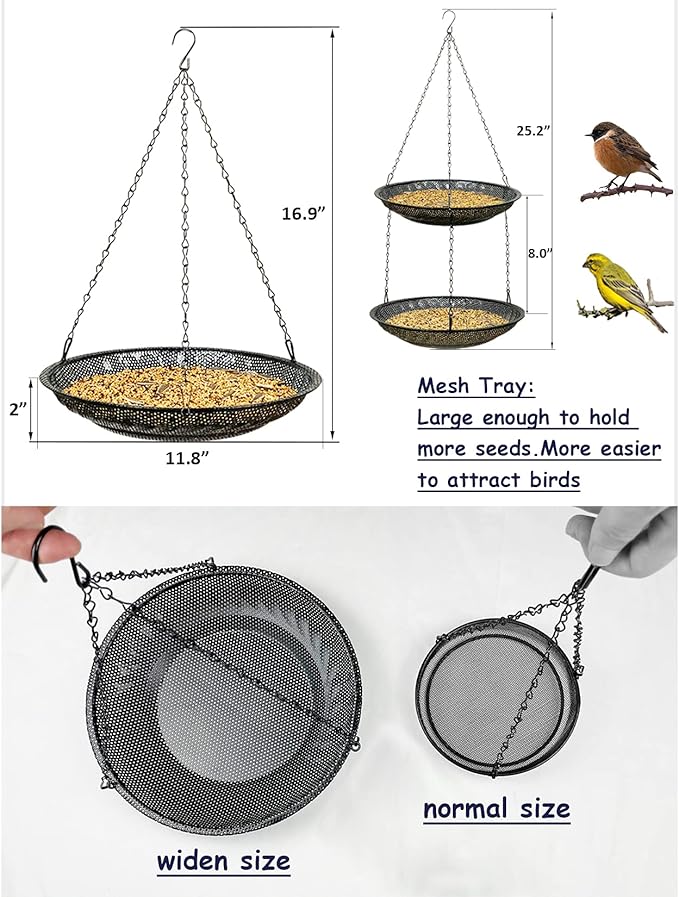 Premium Hanging Bird Feeder Tray(2 Set),Size 11.8” Large Platform Bird Feeder Metal Mesh Tray,Wild Bird Feeder for Outside Hanging Seed Platform,Combinable Style to Double Layer