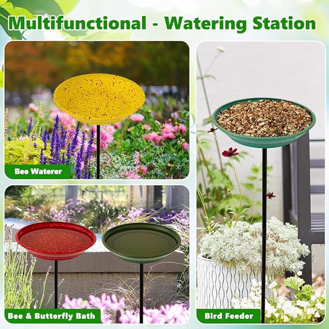 dreamysoul 4 Pack Bee Watering Station, Metal Bee and Butterfly Feeders with Metal Stake, Bee Butterfly and Bird Bath for Outdoor Garden Yard Lawn Decor