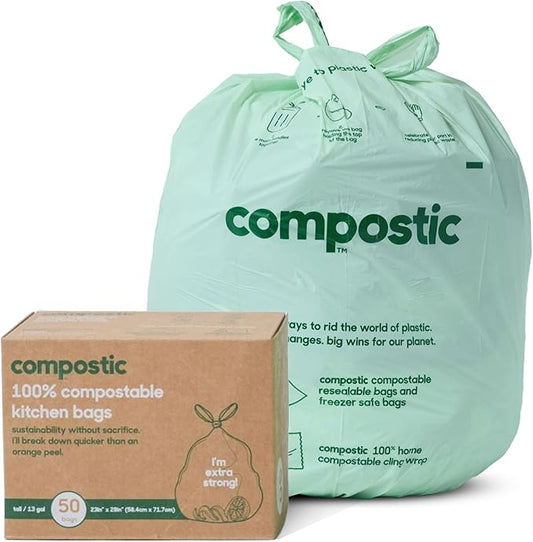Compostic Home Compostable Trash Bags, 13 Gallon Tall Kitchen Rubbish Bags, Extra Strong & Quickly Breaks Down, 50 Count