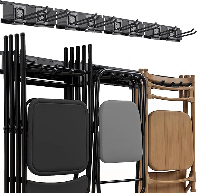 TIDYME Garage Tool Organizer Wall Mount | 64-Inch Garage Wall Organizer & Folding Chair Rack | Heavy-Duty Tool Hanger System | 12-Piece Kit with 4 Steel Rails & 8 Adjustable Hooks | 400 lbs Capacity