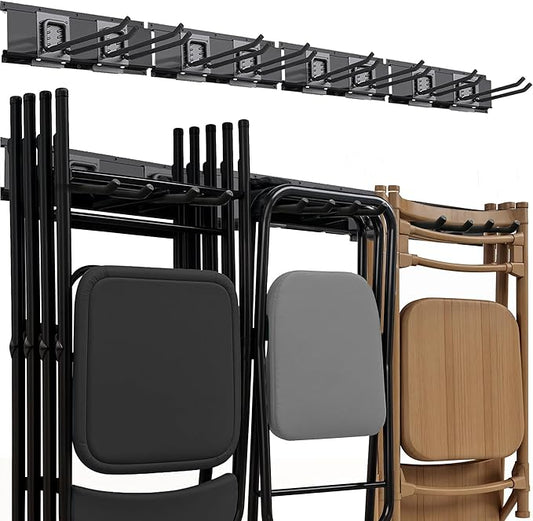 TIDYME Garage Tool Organizer Wall Mount | 64-Inch Garage Wall Organizer & Folding Chair Rack | Heavy-Duty Tool Hanger System | 12-Piece Kit with 4 Steel Rails & 8 Adjustable Hooks | 400 lbs Capacity
