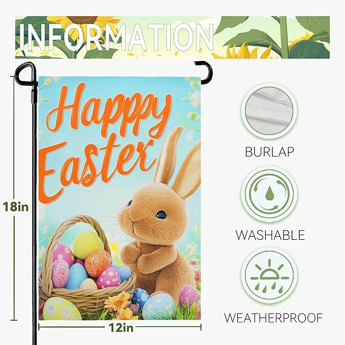 Happy Easter Bunny Garden Flag 12x18 Inch Double Sided Rabbits Colorful Eggs Yard Flags Spring Floral Small Flags for Outside Graden Home Decorations