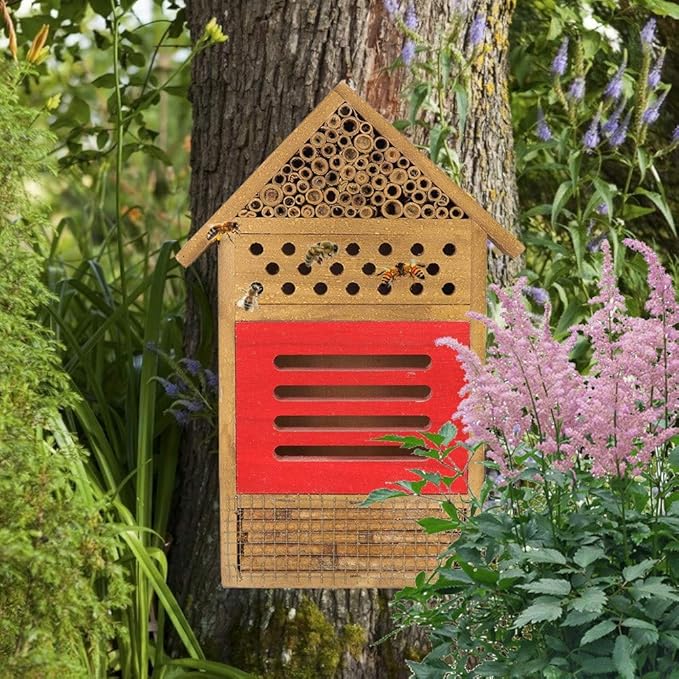 AUNMAS Wooden Bee House, Attracts Pollinators with Tubular Tunnels, Durable Platane Wood Garden Decor, 19.5x3.8x29.8cm Humidity for Bees