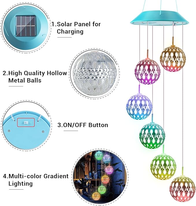 Solar Moroccan Ball Gifts for Mom Grandma Girls, Color Changing Solar Wind Chimes for Outside, Outdoor Decorative Mobile Lights for Garden, Yard, Patio, Window, Party, Easter Decor