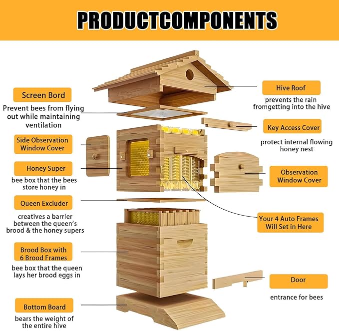 Beehive Starter Kit,Self-Flowing Honey Beehive,with Observation Window and Honey Spout,Self-Flowing Wooden Bee Box,for Beekeeping,Garden Pollinators