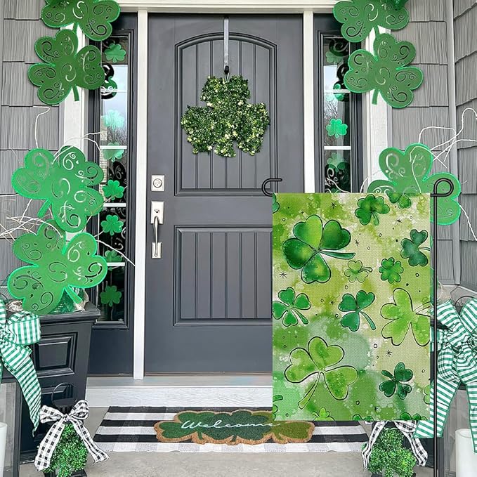 St Patricks Day Garden Flag for Outside 12x18 Inch Burlap Double Sided, Watercolor Green Lucky Shamrock Clover Sign Small Farmhouse Yard Outdoor Decoration DF434