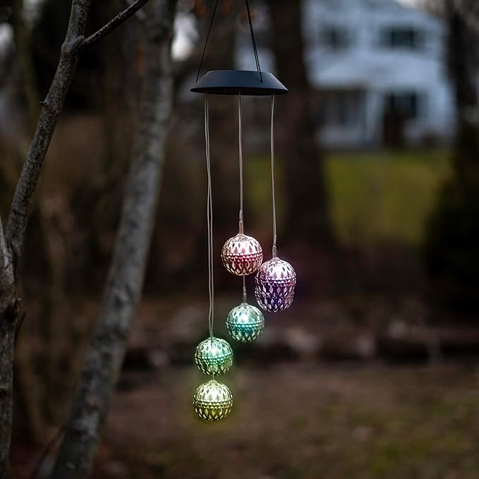 Solar Metal Orb Wind Chime Mobile - Rainbow Color Changing LED Lights, Outdoor, Weather Resistant - for Home, Garden, Decoration, Trees, Patio, Deck