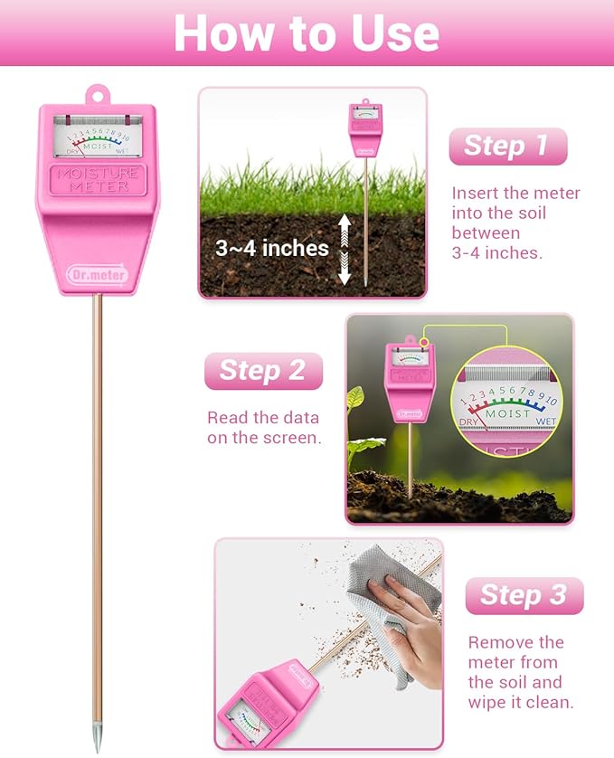 Soil Moisture Meter Tester for Plants, Hygrometer Moisture Sensor for Houseplants Indoor Outdoor Garden Lawn Use - Plant Water Meter Gauge Test Kit, No Battery Needed - Gardening Gifts, Pink