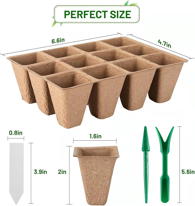 15 Packs Seed Starter Tray,180Cells Peat Pots,Biodegradable Pots for Seedlings,Organic Pot Plant Starter Trays Kit for Vegetable & Flower Seeding with 15 Plant Labels,2 Garden Tools