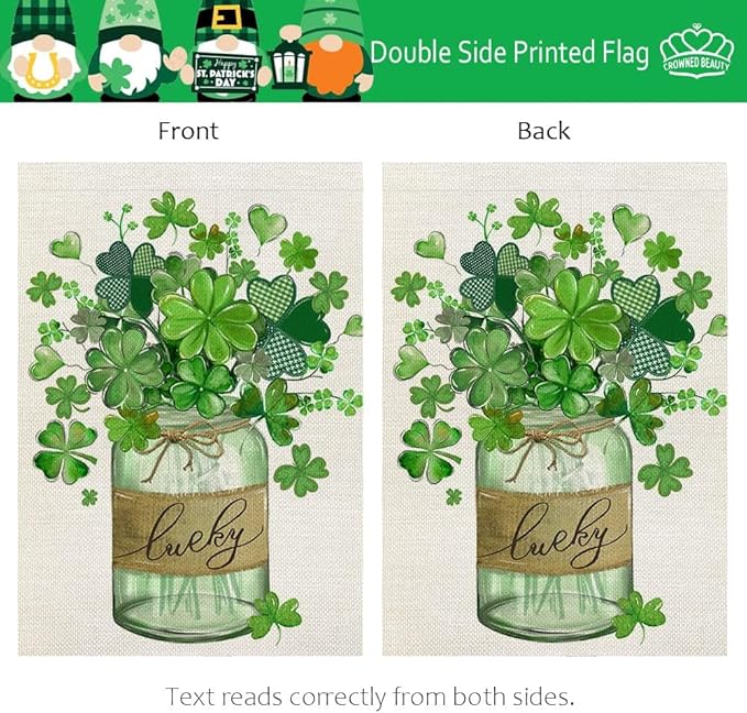 CROWNED BEAUTY St Patricks Day Shamrocks Mason Jar Garden Flag 12x18 Inch Double Sided for Outside Small Green Clovers Lucky Holiday Burlap Yard Decoration