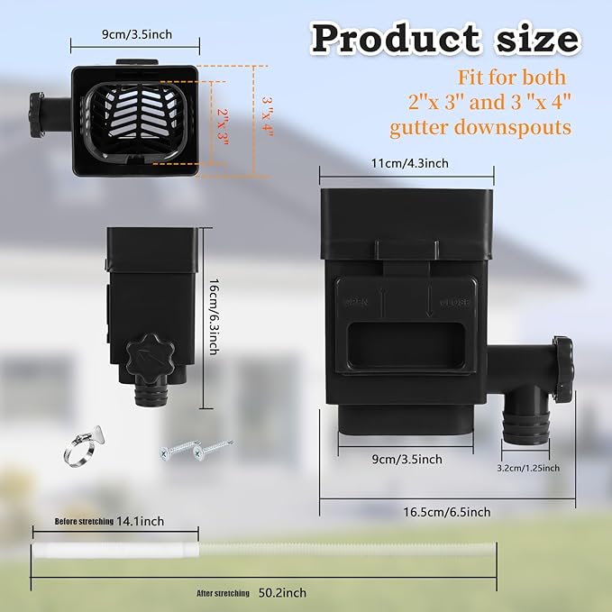 Anivia Rainwater Collection System, Downspout Diverter Fits for 2x3 or 3x4 Inch Standard Downspouts, Rain Barrel Diverter Kit with Adjustable Valve and Filter. 5ft Hose - Black