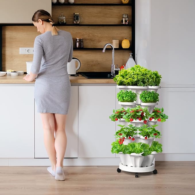 Strawberry Vertical Planters Tower Garden 3 Pack, 7 Tiered Stacking Herb Vegetable Planter with Support Pole Indoor and Outdoor - Black