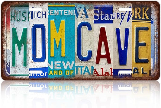 Vintage Mom Cave Metal Tin Sign License Plate Wall Decor Gift for Mother 12 x 6 Inches