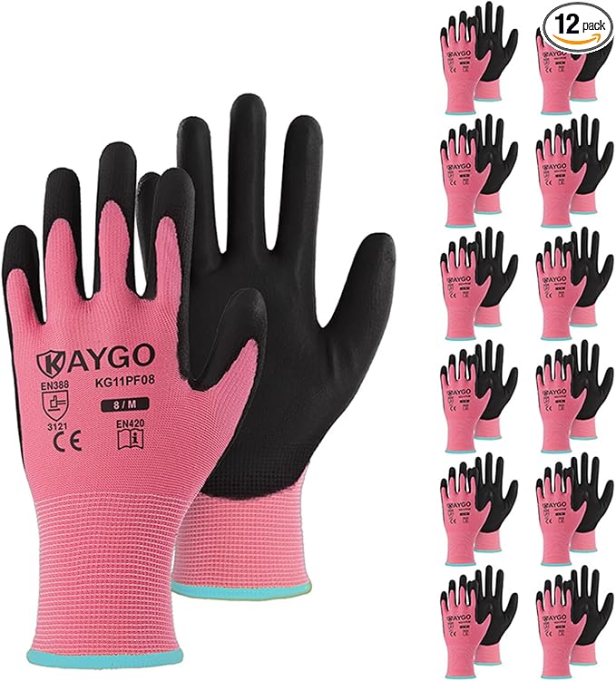 KAYGO Work Gloves for Men and Women,12 Pairs Seamless Knit PU Coated Safety Gloves, with Smooth Grip on Palm and Fingers, Ideal for Light Warehouse, Manufacturing, Gardening, KG11P (M,Pink)