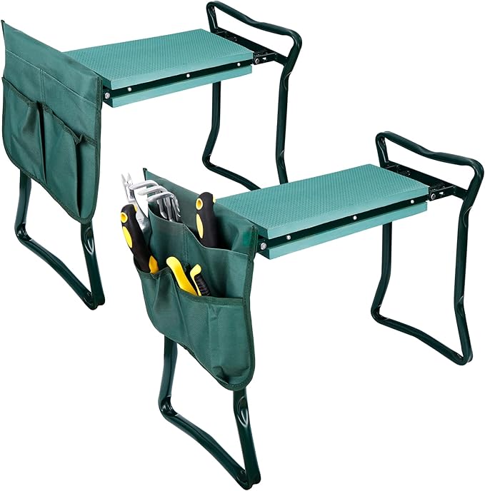 HomGarden Folding Garden Kneeler and Seat Bench 2 in 1, with Kneeling Pad & Large Tool Pouch, Ergonomic Foldable Gardener Stool for Seniors with Bad Knees, Outdoor Gardening Gifts for Women (2 Sets)