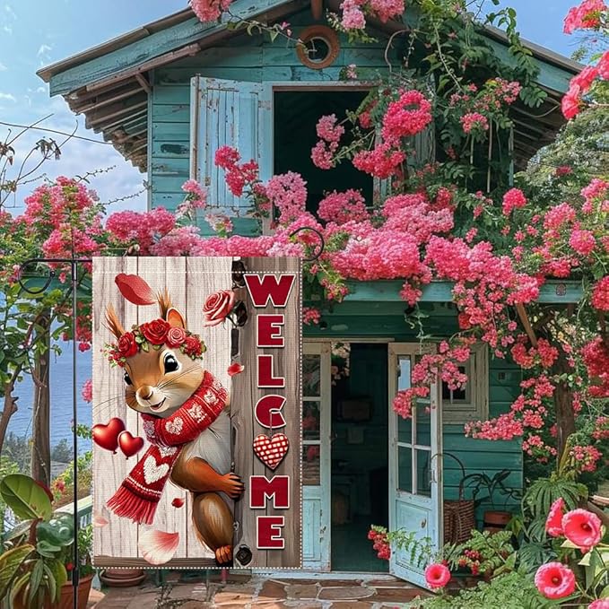 Valentine’s Day Garden Flag 12x18inch Double Sided The Squirrel Red Love Heart Rose Valentine’s Garden Flags For Home Outdoor Yard Patio Lawn Decor,Welcome Valentine Garden Outside Decorations Banner
