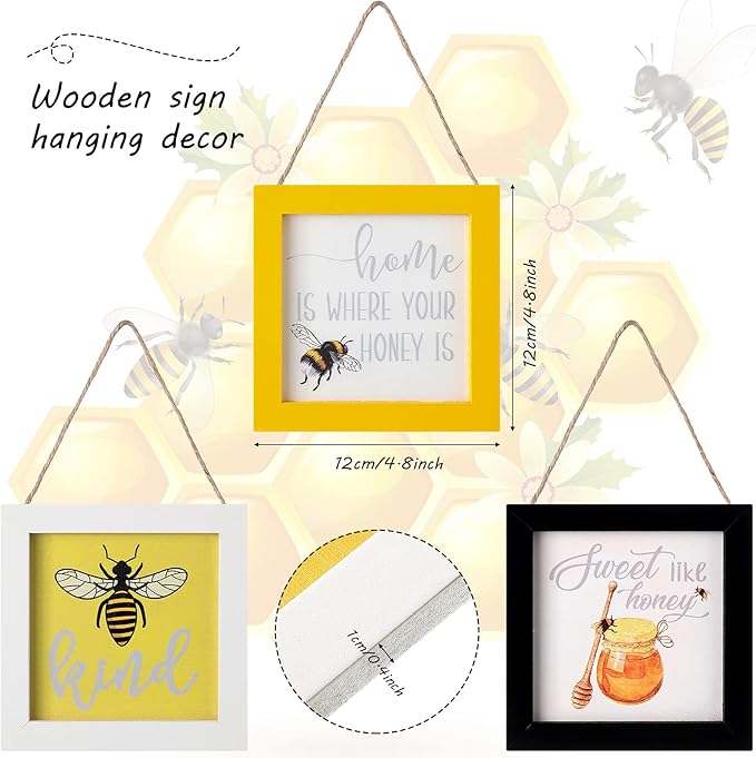 Jetec 3 Pieces Bee Hanging Signs Wall Art Wood Hanging Bee wall Decor Farmhouse Tiered Tray Decorations for Table Kitchen Signs Home Office