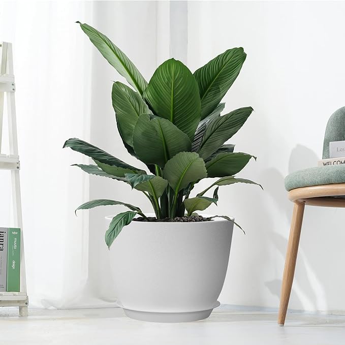 12inch Large Plant Pot, Modern Plastic Planter with High Driange Holes and Saucer for Indoor Outdoor Garden Plants and Flowers, White