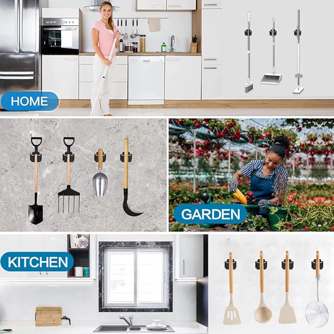 12PCS Broom and Mop Holder, Heavy Duty Garden Tool Organizer Rack Rake and Shovel Handle, Stainless Steel Mop Hanger. Wall Mounted with Screws.Matte Black