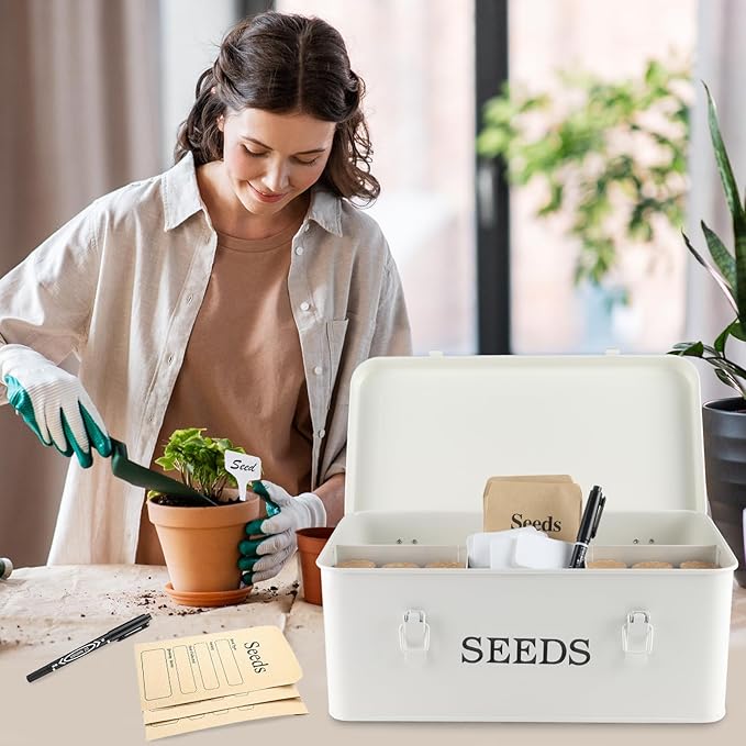 Seed Storage Box, Metal Seed Bin Seed Storage Organizer, 4 Dividers Seed Container with Safety Lock, Seed Box with Professional All-in-one Kit, White