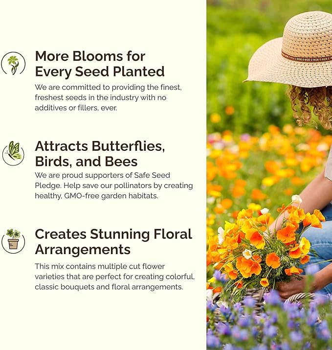 Eden Brothers Bird & Butterfly Wildflower Mixed Seeds for Planting, 1/4 lb, 120,000+ Seeds with Cosmos, Indian Blanket | Attracts Pollinators, Plant in Spring or Fall, Zones 3, 4, 5, 6, 7, 8, 9, 10