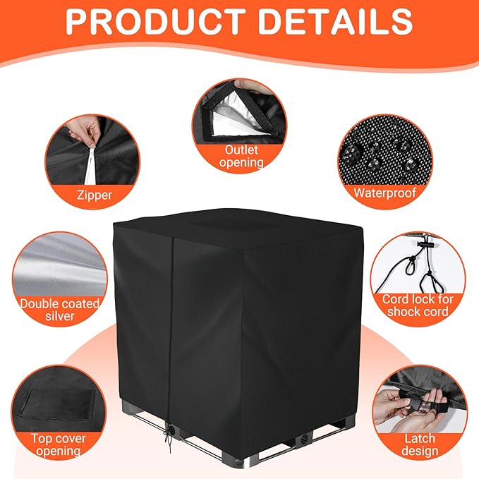 IBC Tote Cover, Outdoor Water Tank Covers Waterproof, 275 Gallon for 420D 1000L Garden Water Tank and Rain Barrel (Black)