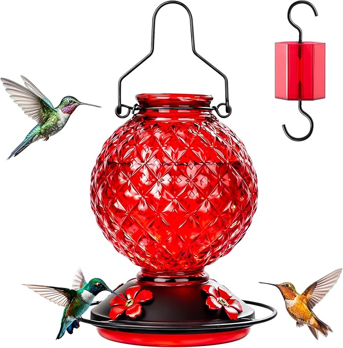 Glass Hummingbird Feeder for Outdoors Hanging, 25 OZ Humming Bird Nectar Feeder with 4 Bee Guard Feeding Ports & Built-in Ant Moat, Bird Feeder for Outside, Gifts for Women Mom, Red