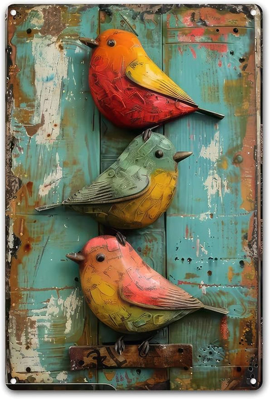 Vintage Cute Birds Metal Sign Retro Bird Tin Plate Wall Decor Rustic Tin Painting for Home Bedrooms Yard Bars Pubs Gardens Patios Porches 8x12 Inch