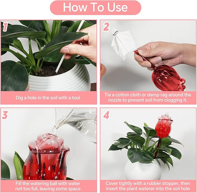Large Plant Watering Globes Set of 3-10 oz Indoor/Outdoor Large Self Watering Globes Planter Insert, for Mother/Father/Friend/Plant Enthusiasts (Red Rose)