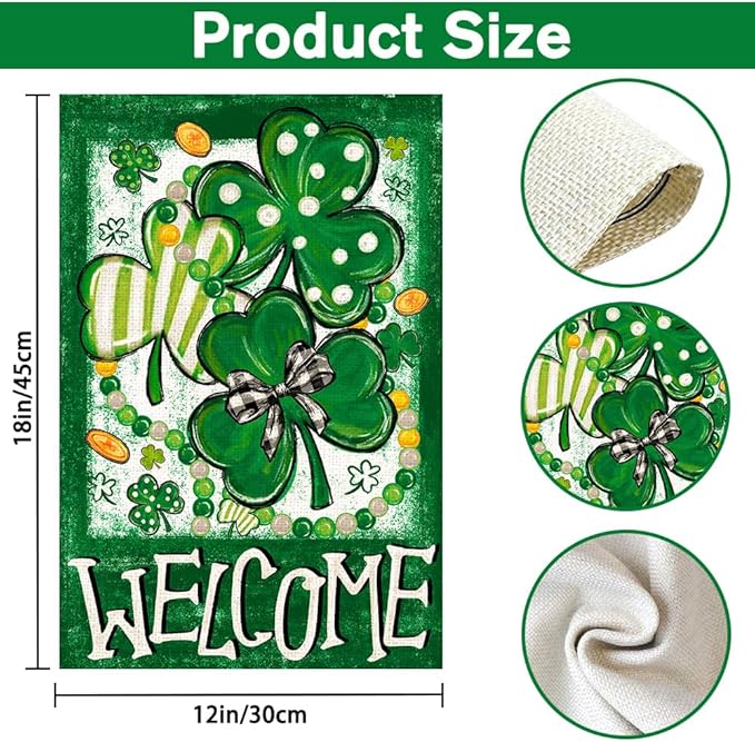 St Patricks Day Shamrock Garden Flag Double Sided, Stripes Polka Dot Trefoil Welcome Burlap Garden Flag for Outside Holiday Farmhouse Yard Decoration 12x18 Inch