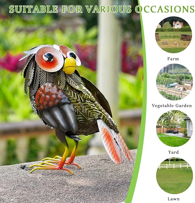 Metal Owl Garden Statue, 9'' Funny Owl Figurine Outdoor Yard Art Decor, Waterproof Owls Decor for Garden, Lawn, Backyard(Grey)