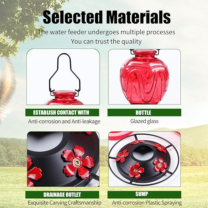 Glass Hummingbird Feeder for Outdoors Hanging, 24Ozs Humming Bird Nectar Feeder w/Perch, 5 Flower Feeding Ports, Leak Proof Base and Hook for Outside Garden Backyard Decor, Gifts for Women Mom, Red