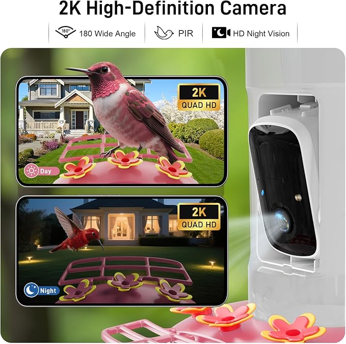 Hummingbird Feeder with Camera Outdoor, SV3C Hanging Bird Feeder with Ant Moat & Bee-Proof, HD 2K Solar Powered, AI Bird Identify, Instant App Alerts, Auto Capture, Hummingbird Lover Gifts, 21oz, Pink