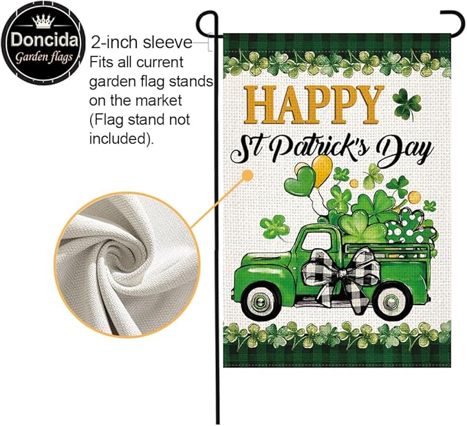 Doncida St Patricks Day Shamrocks Truck Garden Flag 12x18 Inch Double Sided, Burlap Lawn Buffalo Plaid Yard Flag for Outside Decoration