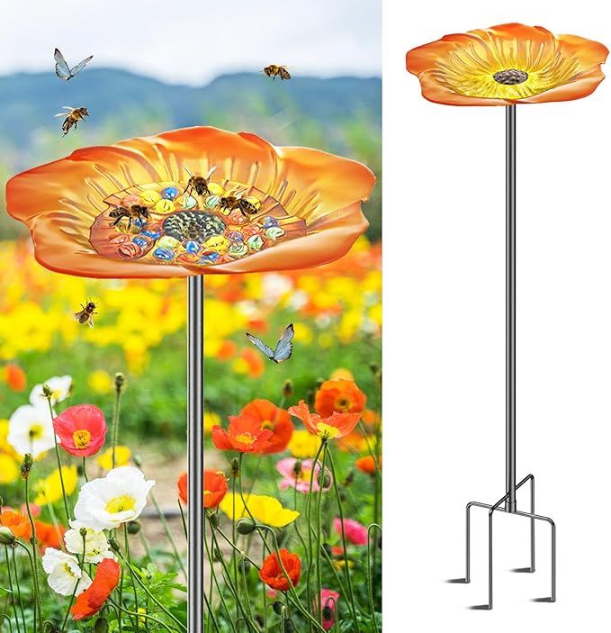 Bee Butterfly Watering Station, 4 Prongs Base Stake Butterfly Bee Feeder for Garden with Glass Marbles, Bee Bath with Vivid Flower Design for Garden Yard Patio Decor (Orang Yellow)