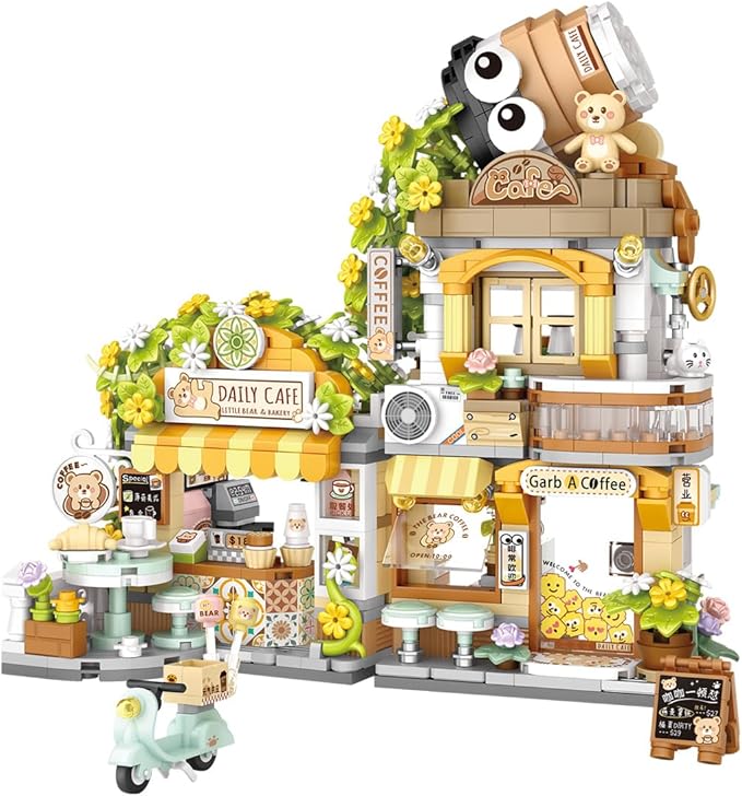 City Street View Bear Coffee Shop Mini Building Blocks Set 1077 pcs, MOC Creative Bear Animal Theme House, Simulation Architecture Toy, Gifts Idea for Kids Adults (1382)